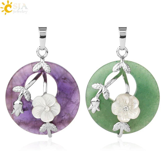 Natural Stone Donut Pendant – Round Flower &amp; Leaf Design for Reiki Healing Jewelry