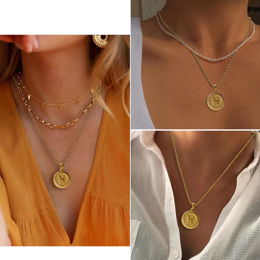 12 Constellation Zodiac Pendant Necklace – Waterproof Stainless Steel with 18K Gold Color Finish