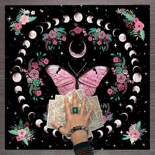 Pink Butterfly Moon Phase Floral Tarot Card Tablecloth – Altar Cloth for Witchcraft & Astrology